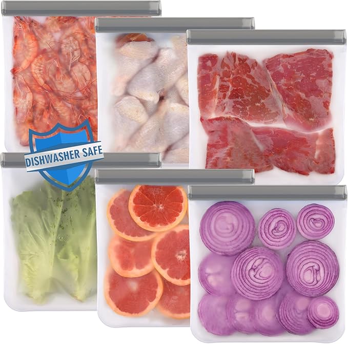Lerine 6 Pack Reusable Gallon Freezer Bags Dishwasher Safe, BPA Free Reusable 1 Gallon Bags, Leakproof Food Storage Bags for Marinate Meats, Cereal, Vegetables, Home Organization(Gray, 6Gallon)