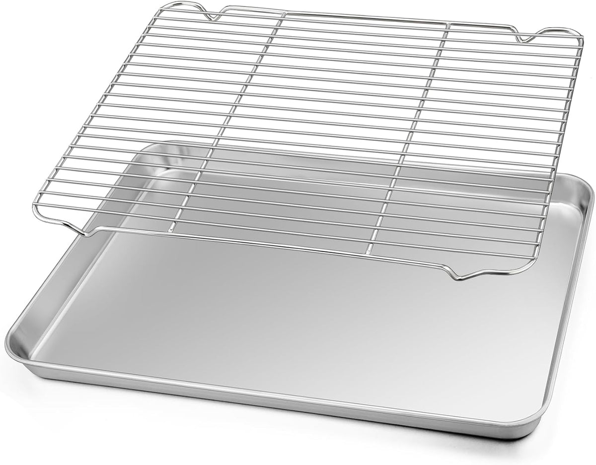TeamFar Baking Sheet with Rack Set, Stainless Steel Baking Pan Cookie Sheet with Cooling Rack, Size 17.6 x 13 x 1inch, Non Toxic & Heavy Duty, Easy Clean & Dishwasher Safe