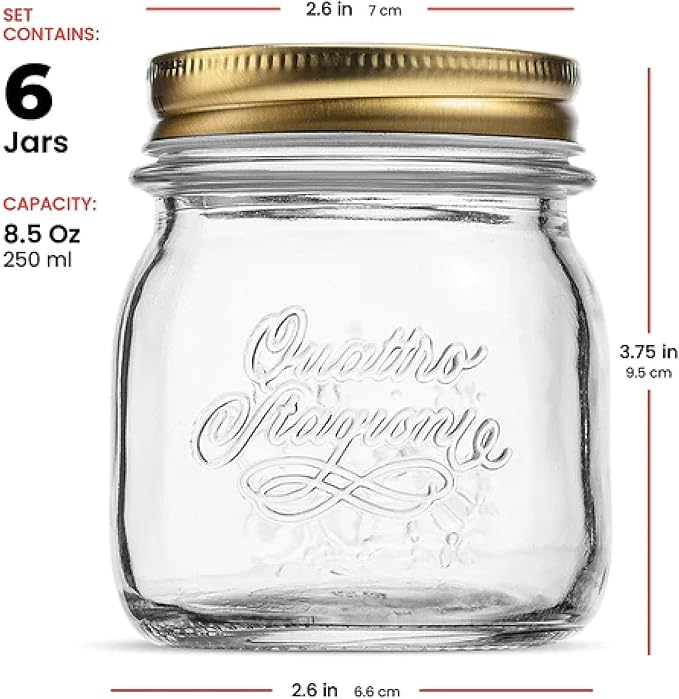Bormioli Rocco Quattro Stagioni 8.5 Oz. Mason Jar (Set of 6) - Wide Mouth Glass Jar with Airtight Twist Lid - Classic Beehive Embossed Design for Canning, Storage & Recipes - Made in Italy, BPA Free