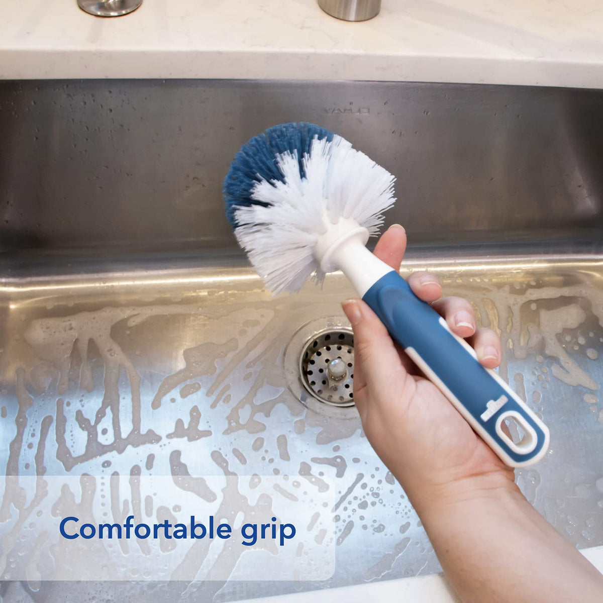 Unger Sink and Dish Scrub Brush, Kitchen Washing Scrubber for Hard-to-Reach Corners, Small Cleaning Supplies, Non-Scratch Bristles, Glassware, Pots, Pans, Tumblers, Drains, and Disposals