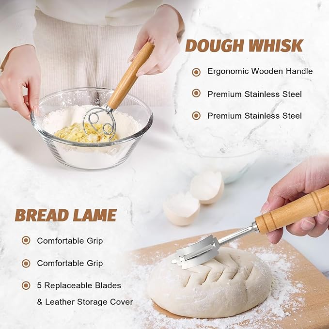 Sourdough Proofing Basket Gift Set, 9" Round and 10" Oval Banneton Bread Baking Supplies, Sourdough Baskets with Bread Lame, Danish Whish, Bowl Scraper, Sourdough Scraper, and Linen Liner