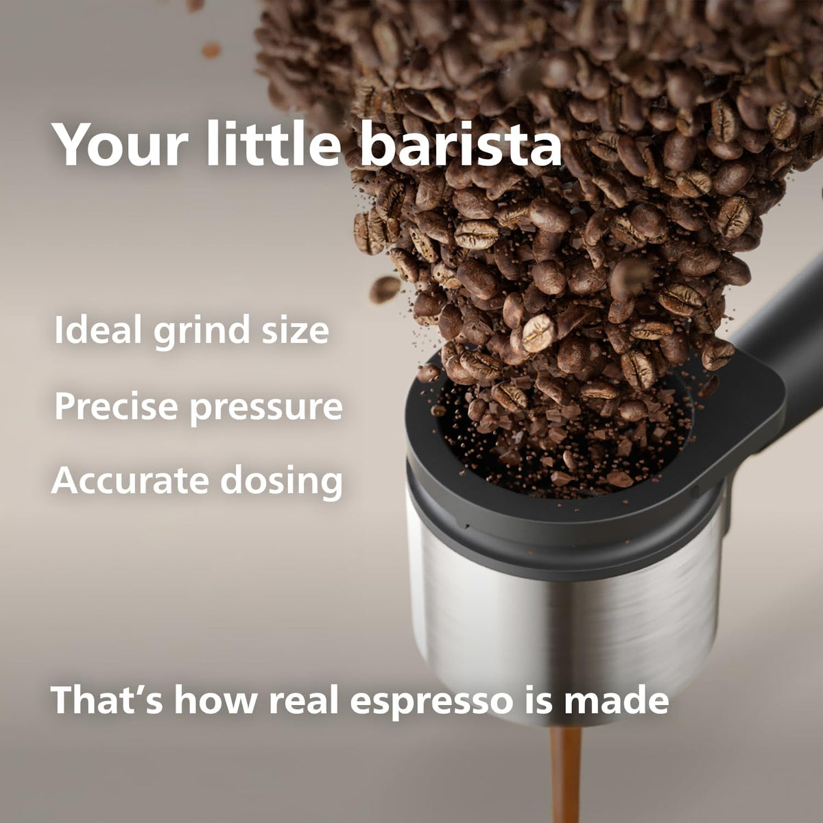 PHILIPS Baristina Espresso Machine, Grind, Tamp & Brew Coffee Beans in One Swipe, Compact, 16 Bar Pump Pressure, Automatic Grinder, Natural White with Ash Wood Portafilter (BAR302/20)