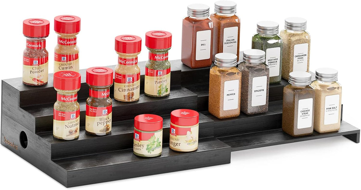 SpaceAid Bamboo Spice Rack Organizer for Cabinet, Kitchen Pantry Spices Storage Rack for Cabinets Organization, Home Seasoning Tiered Can Goods Racks Wood Shelf Organizers (4 Tier, Black)