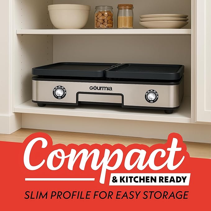 Gourmia 3-in-1 Indoor Grill & Griddle Electric Combo – Dual Independent Cooking Zones, Reversible Nonstick Ceramic Plates, XL Cooking Surface, 250–400°F Adjustable Temp, Dishwasher Safe