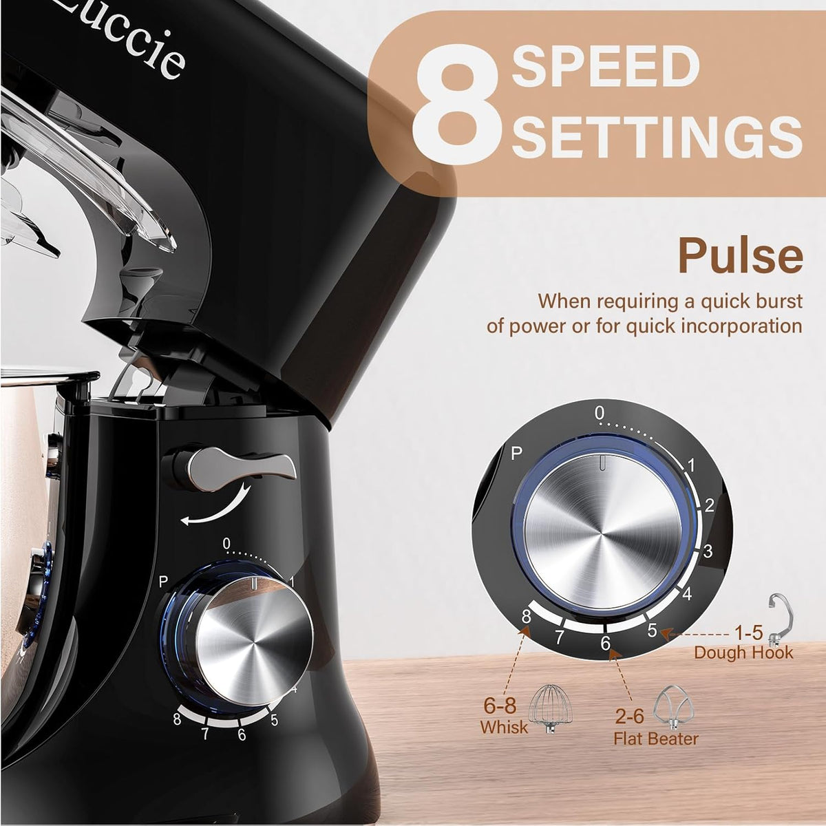 Stand Mixer, Zuccie 4.8QT Kitchen Electric Stand Mixer, 380W Motor Power Food Mixer, 8+P-Speed Dough Mixer with Dough Hook, Wire Whip & Beater, Black