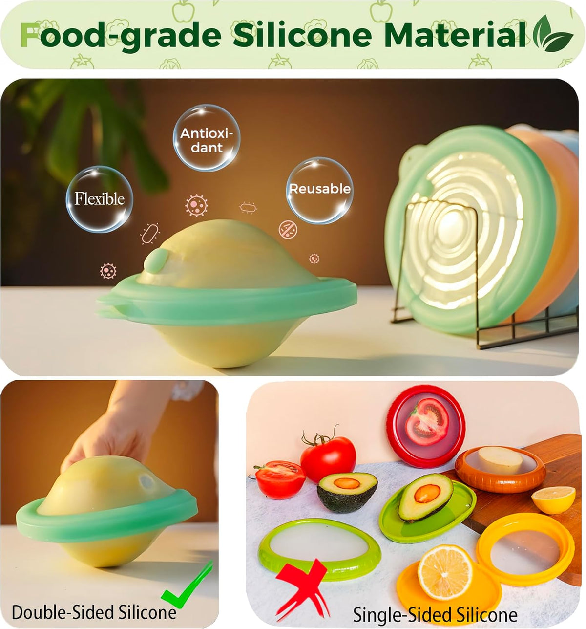 Silicone Reusable Vacuum-Seal Storage Containers for Fridge,Fresh Fruit,Vegetables,Garlic,Onions,Lemons,Potatoes,Meat,for Microwave Oven Heating,Freezer,Dishwasher,Avocado Saver,Tomato Holder,5 Pack
