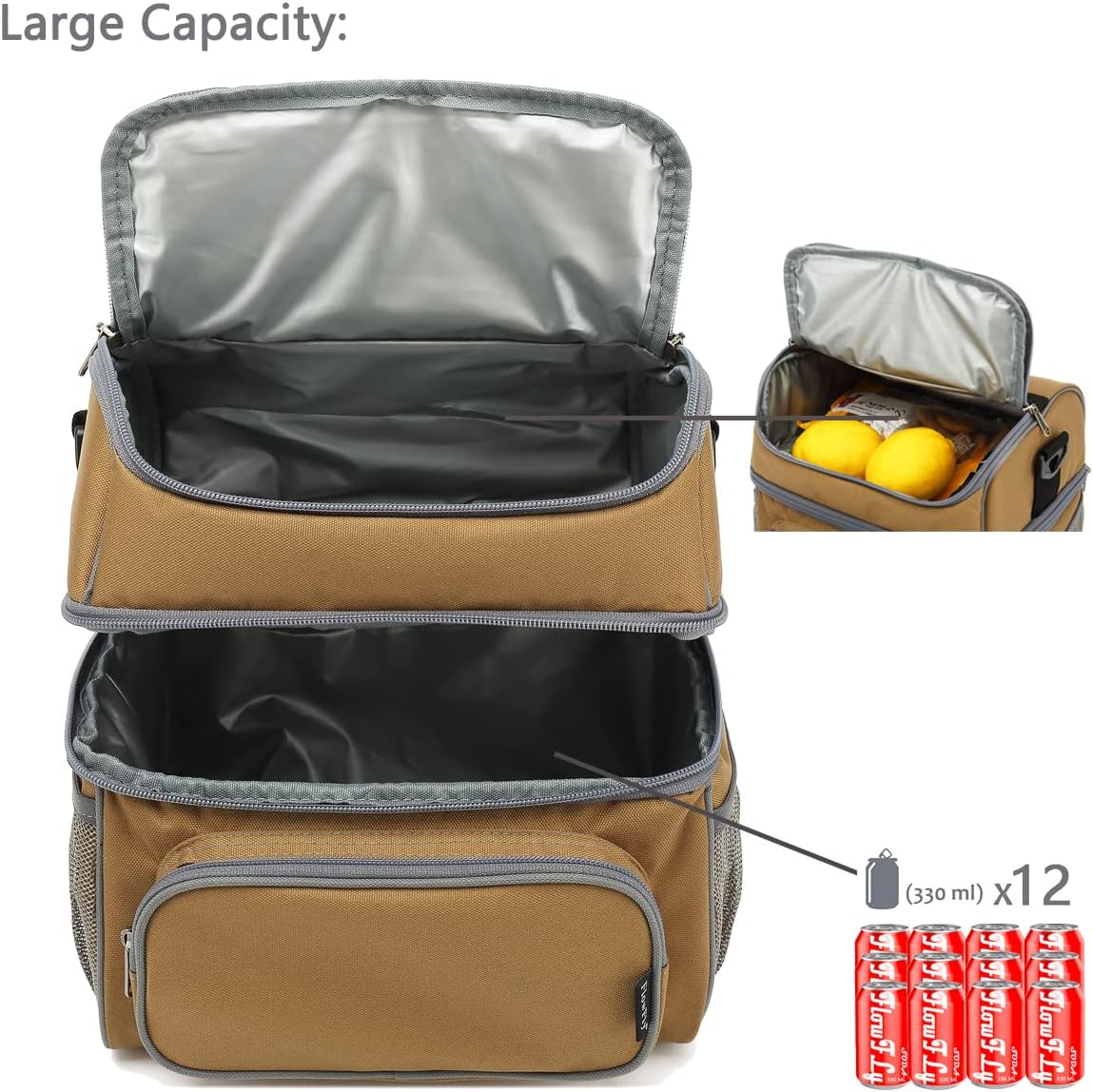 FlowFly Double Layer Cooler Insulated Lunch Bag Adult Lunch Box Large Tote Bag for Men, Women, With Adjustable Strap,Front Pocket and Dual Large Mesh Side Pockets