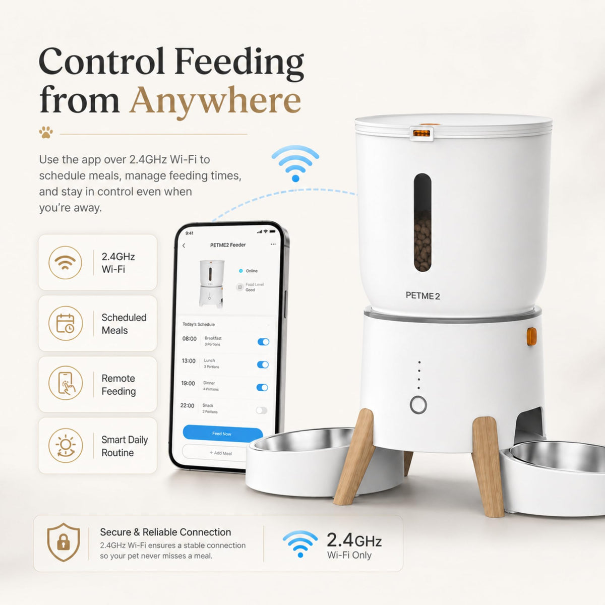 PETME2 Dual Bowl Automatic Cat Feeder - 5L WiFi Smart Elevated Cat Feeding Station with App Control, Voice Recording, Dual Power Options, Stainless Steel Cat Bowls & Anti-Jam Technology for Small Dogs
