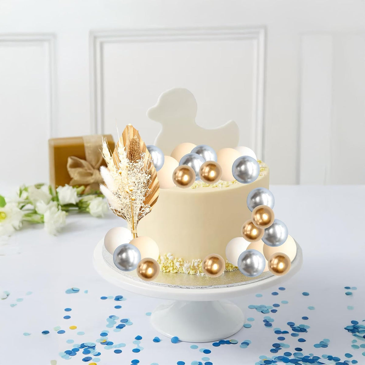 Gyufise 21 Pack Flower Boho Cake Topper Ball Cake Decorations Palm Leaves Plants Cake Decor for Girl Bohemian Princess Theme Wedding Baby Shower Birthday Party Supplies Gold White
