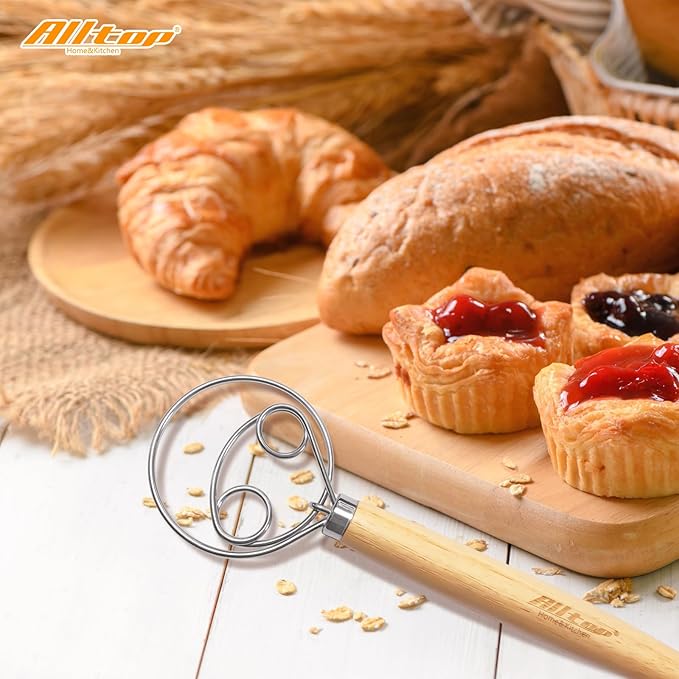 ALLTOP Danish Dough Whisk - Ultimate Dutch Mixer Hand Utensil with Stainless Steel Dough Hook - Essential Sourdough Stirring Stick for Perfect Bread Making Tool