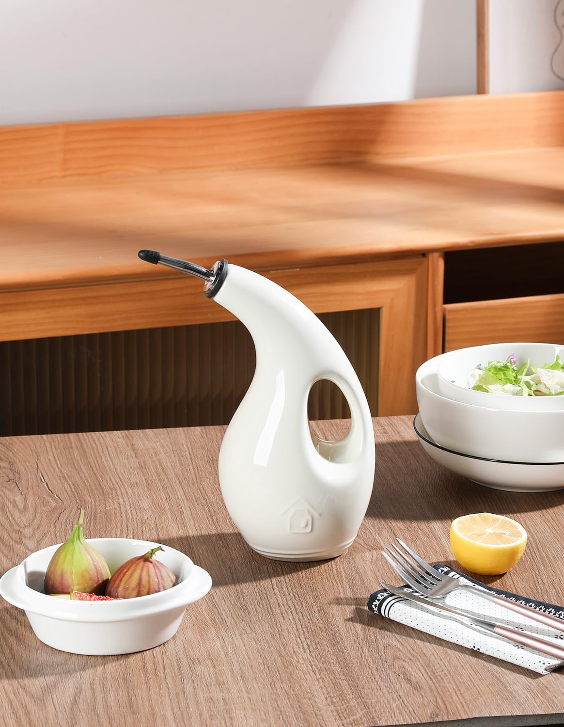 Sweejar Ceramic Olive Oil Dispenser Bottle,24 Oz Opaque Cruet Protects EVOO Oil to Reduce Oxidation, Suitable for Storage Vinegar, Coffee Syrups, Liquids (Beige)