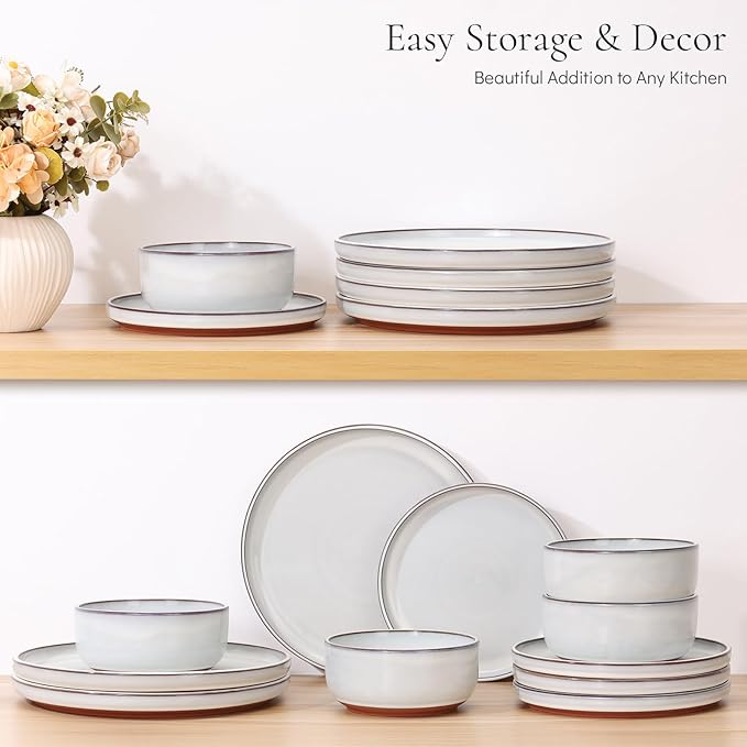 E-far Stoneware Dinnerware Sets for 8, 24 Pieces Reactive Glaze Plates and Bowls Sets, Elegant Dishes with Rustic Terracotta Clay Base, Dishwasher & Microwave Safe, Scratch Resistant, Glacier White