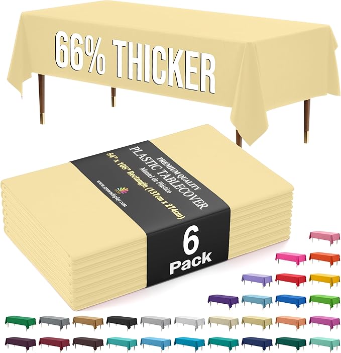 Exquisite 66% Thicker Premium Plastic Table Cloth Rectangle Table Cover 0.5 Mil 6 Pack Light Yellow Table Cloth 54 Inch x 108 Inch Disposable Tablecloth Won't Tear Easily Like Cheap Thin Brands