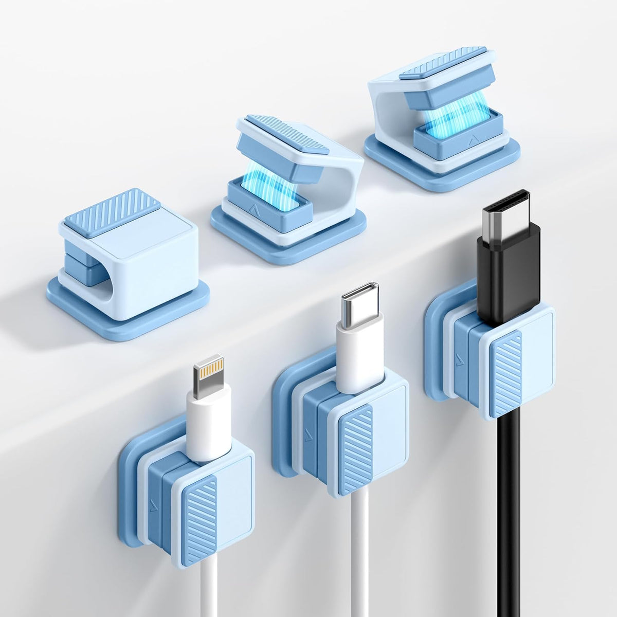 6 Pack Magnetic Cable Clips, Glow in The Dark Cable Holders, GolbinBox Cord Organizer with Shockproof Silicone, Fits up to 8mm Adhesive Cord Clips for Desk, Wall, Nightstand, Car, Home, Office, Blue