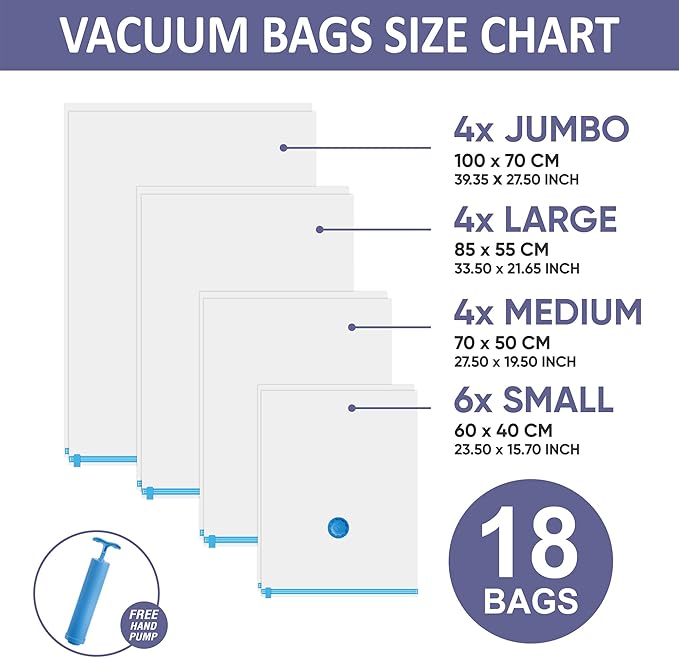 18 Pack Vacuum Storage Bags with Hand Pump, 80% Space Saver Vacuum Seal Storage Bags for Clothing, Travel Lugggage, Blankets, Comforters