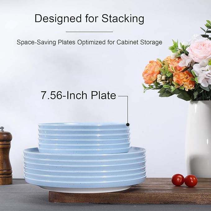 Webbylee Melamine Dessert Plates Set of 6-7.5" Serving Durable Dishes Perfect for Kitchen Outdoor Use,Durable Small Plates for Salad-Blue & Beige