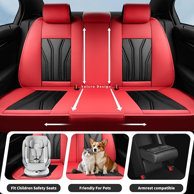 Fit Leaf Car Seat Covers Compatible with Nissan Leaf 2012-2025 2026 - Full Set Premium Leather， Waterproof Breathable， All-Weather Seat Cushion Protecto&Airbag Compatible （Red & Black