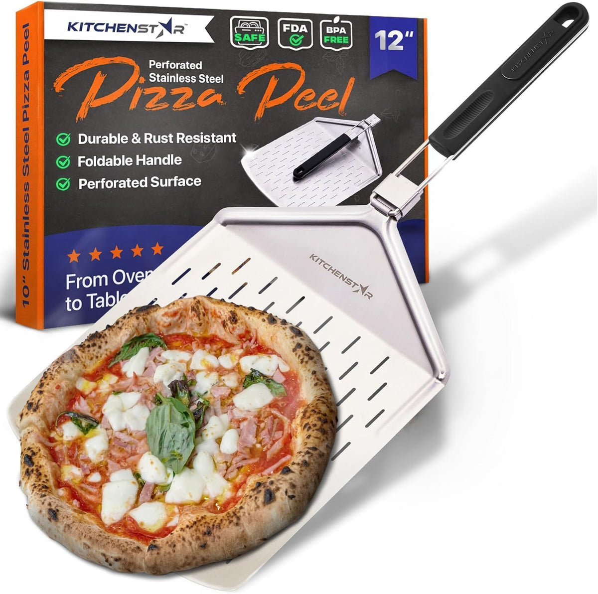 KitchenStar 12-inch Perforated Pizza Peel with Folding Handle - Stainless Steel Spatula Paddle for Effortless Pizza Transfer & Easy Storrage - Dishwasher Safe Pizza Oven Accessories