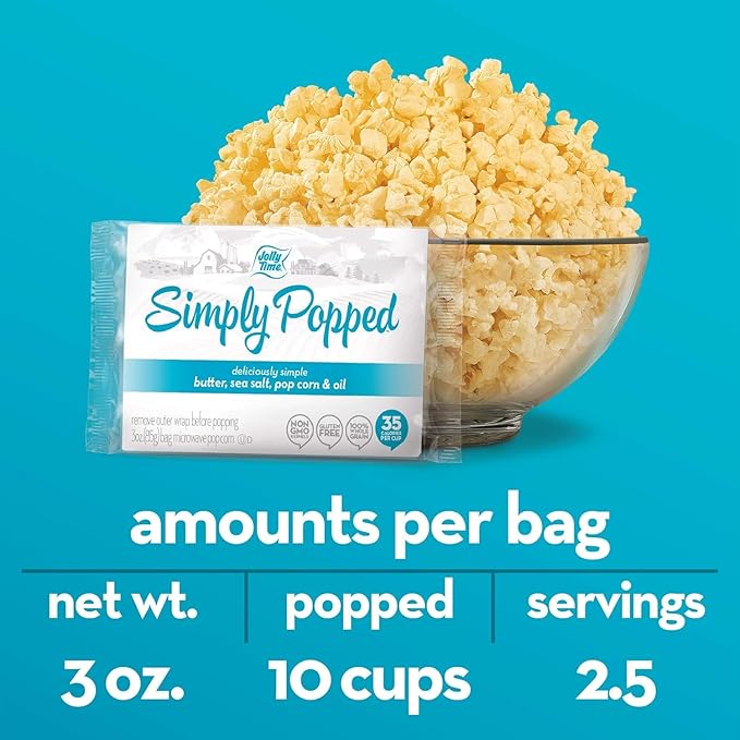 Jolly Time Simply Popped - Lightly Salted Microwave Popcorn, 3oz Sharing Bag, 3 Bags Per Carton (Simply Popped Butter, 3 Ounce (Pack of 36))