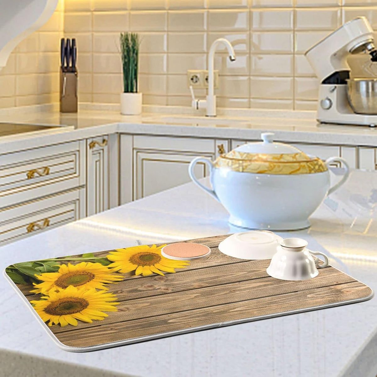 Super Absorbent Dish Drying Mat, Microfiber Fast-Drying Dish Mat, 16" x 18", Kitchen Dish Drying Pad, Sunflowers On The Wooden