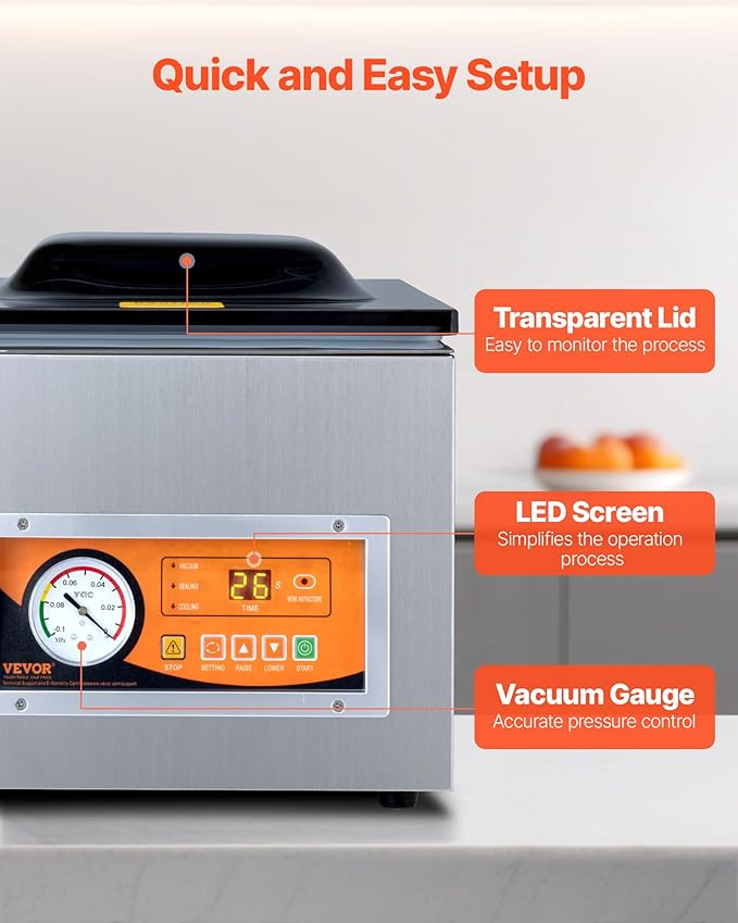 VEVOR Chamber Vacuum Sealer, 260W Sealing Power, Vacuum Packing Machine for Wet Foods, Meats, Marinades and More, Compact Size with 10.2 in Sealing Length, Applied in Home Kitchen