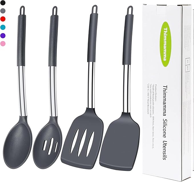 Silicone Spatula Spoon Set, 4 PCS Silicone Cooking Utensils Spatula Spoon Set with Stainless Steel Handle, BPA Free Kitchen Turners for Frying, Mixing, Serving, Draining, Turning, Stirring, Grey