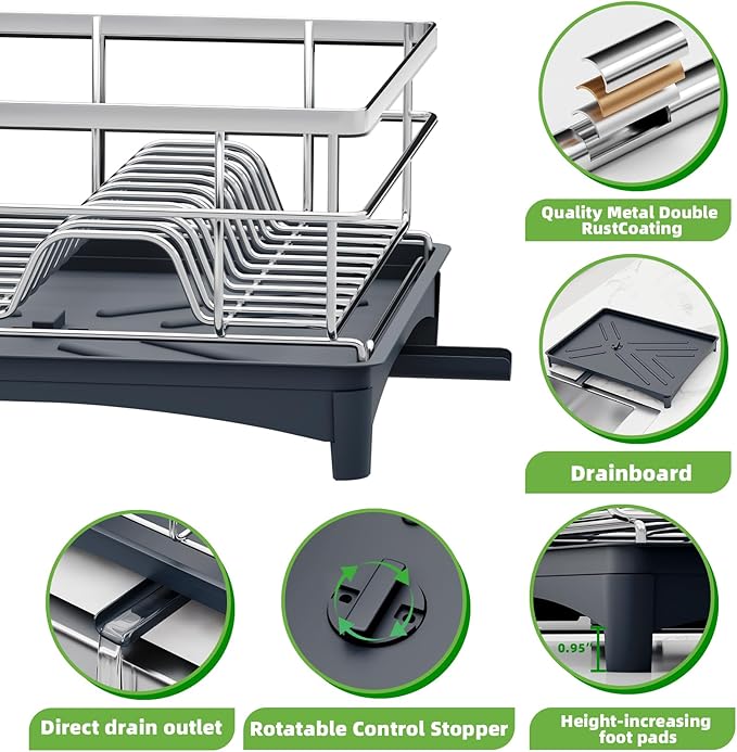 Dish Drying Rack, Large Capacity Dish Drainers for Kitchen Counter with Removeable Cutlery Holder, Rustproof & Sturdy Auto-Drain Multifunctional Organizer for Plates,Cups,knife fork Storage Essentials