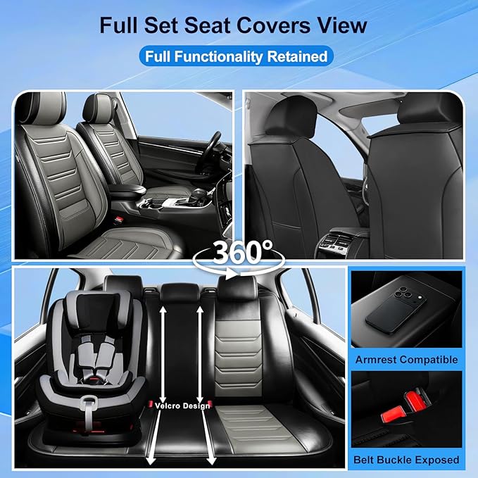 Car Seat Covers for Select Honda Fit 2007-2020, Premium Full Coverage Leather, Airbag Compatible& Scratch-Resistant, Waterproof & All Weather Breathable Seat Protector, Full Set, Black+Gray