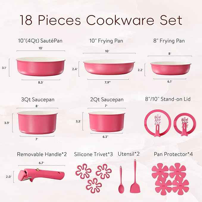 CAROTE 18Pcs Ceramic Cookware Set with Detachable Handle, Pots and Pans Set Non Stick, Non Toxic Kitchen Cooking Sets with Stand-Up Lid, PFAS and PFOA Free, Oven Safe, Induction Ready, Pink