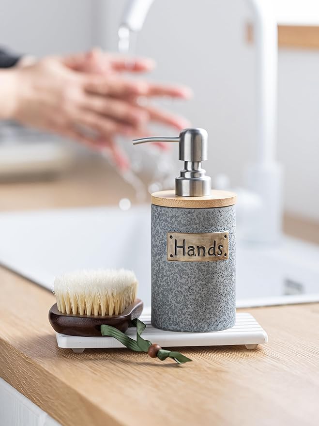 Hand and Dish Soap Dispenser Set, Ceramic Kitchen Soap Dispenser for Bathroom Lotion, Body Wash, Includes Instant Dry Tray, Collapsible Funnel, 15 Oz, Gray