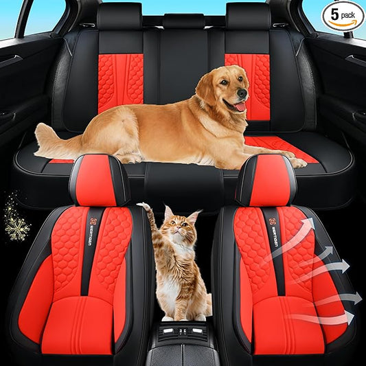 Red Car Seat Covers Full Set – Luxury Waterproof Leather Auto Seat Protector with Airbag Compatible Design, Breathable Non-Slip Cushion, Easy Installation, Fits Most Cars
