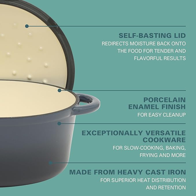 Gibson Home Addlestone 5 Qt Enameled Cast Iron Dutch Oven Pot with Lid – Round, Oven Safe to 500°F, Ideal for Bread Baking & Stews - Gradient Navy Blue