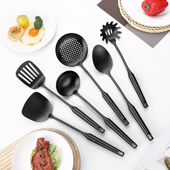 304 Stainless Steel Cooking Utensil,Kitchen Kitchen Utensil with Spatula, Solid Spoon, Ladle, Skimmer, Spaghetti Spoon, 6 Piece Set, Dishwasher Safe(Black)