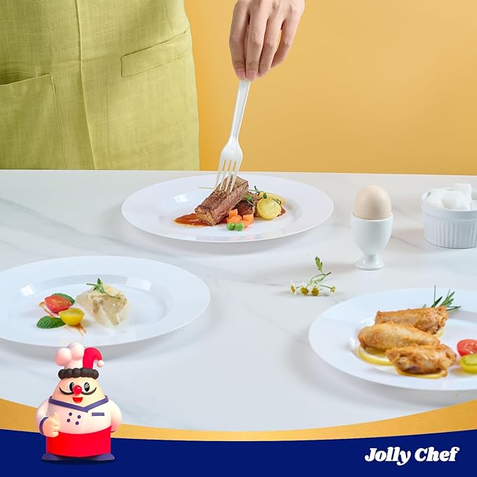 JOLLY CHEF 100 Pieces White Plastic Plates-10 Inch Elegant Disposable Plastic Plate, Disposable White for Weddings,Parties,Dinner,Birthdays and Events