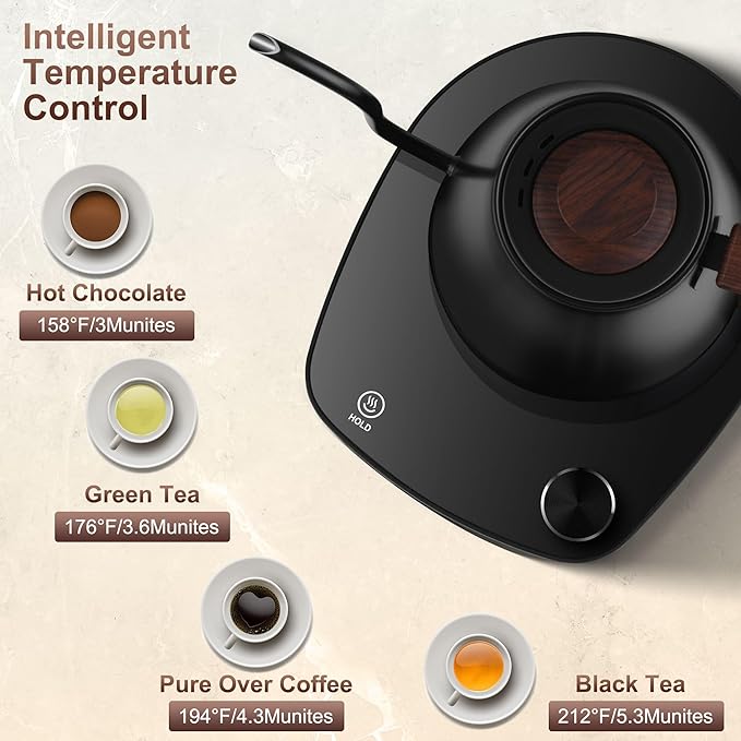 Gooseneck Electric Kettle, Intelligent Temperature Control, Stainless Steel Inner, Quick Heating, for Pour Over Coffee, Brew Tea, Boil Hot Water, 1000W 0.9L Black