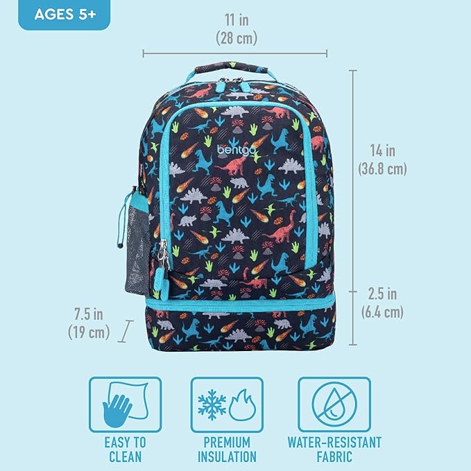 Bentgo Kids 2-in-1 Backpack & Insulated Lunch Bag - Durable 16” Backpack & Lunch Container in Unique Prints for School & Travel - Water Resistant, Padded & Large Compartments (Dinosaur)