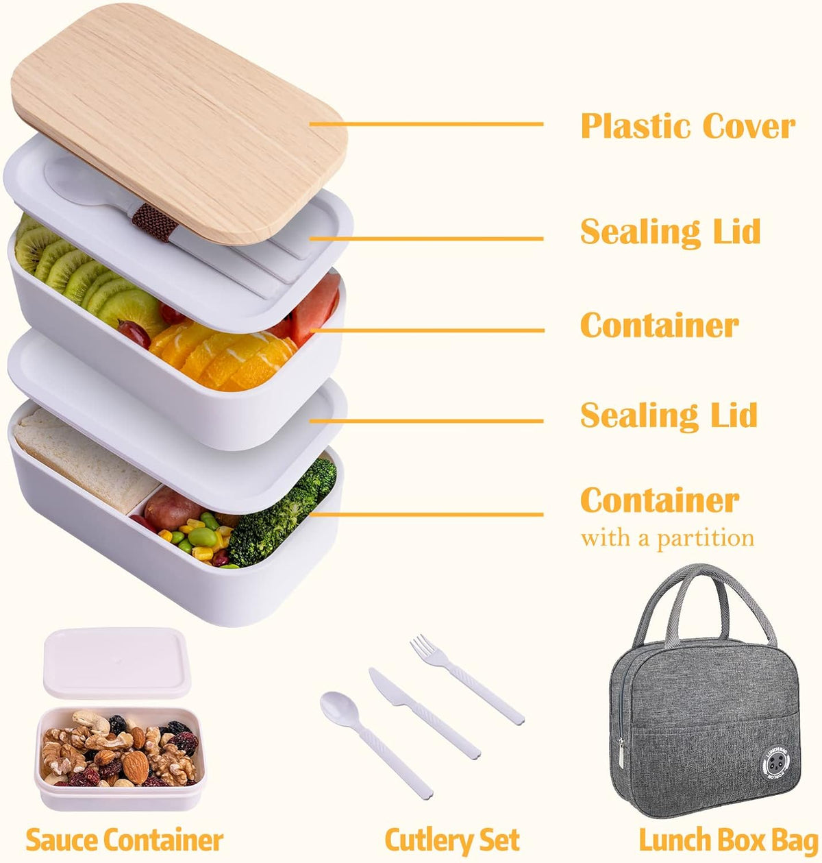 Bento Box with Lunch Bag Microwavable All-in-One Meal Prep Compartment Lunch Containers with Utensils Leak Resistant Lunch Box with Sauce Container 60oz White