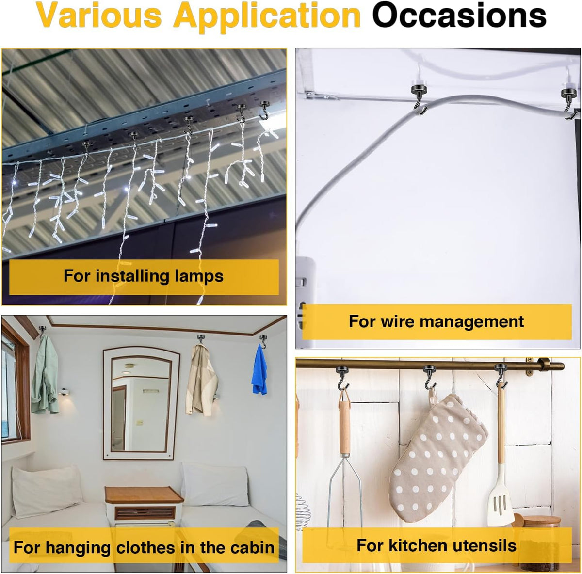 DIYMAG Hooks for Hanging String Lights, Black Magnetic Hooks 30lbs+ Magnet Hook 2025 Cruise Cabin Ship Essentials Heavy Duty Strong Magnets Refrigerator Fridge Classroom Kitchen Grills Home 3PCS