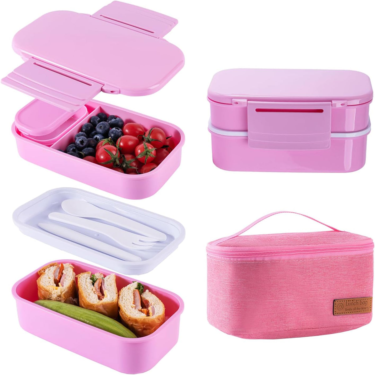 Lunchneo bento box for adults, separate for men and women, set of utensils and dipping containers, cute Japanese bento box, microwave heatable(Pink)