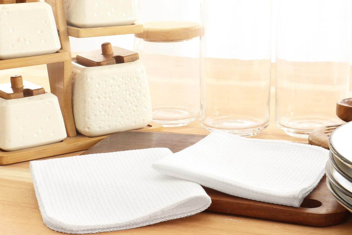PurpleEssences Dish Cloths and Dish Rags - 6 Pack Waffle Weave Solid Kitchen Dish Wash Cloths, 100% Cotton, 12 x 12 Inches, Ultra Soft Absorbent Quick Drying - Spring Summer - White