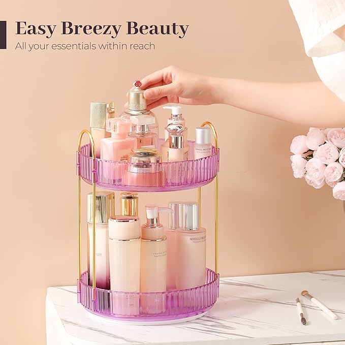 Aveniee Rotating Makeup Organizer for Vanity, Perfume Skincare Organizers Spinning, 2 Tier Bathroom Countertop Storage, Cosmetics Lipstick Holder for Counter Dresser,Purple