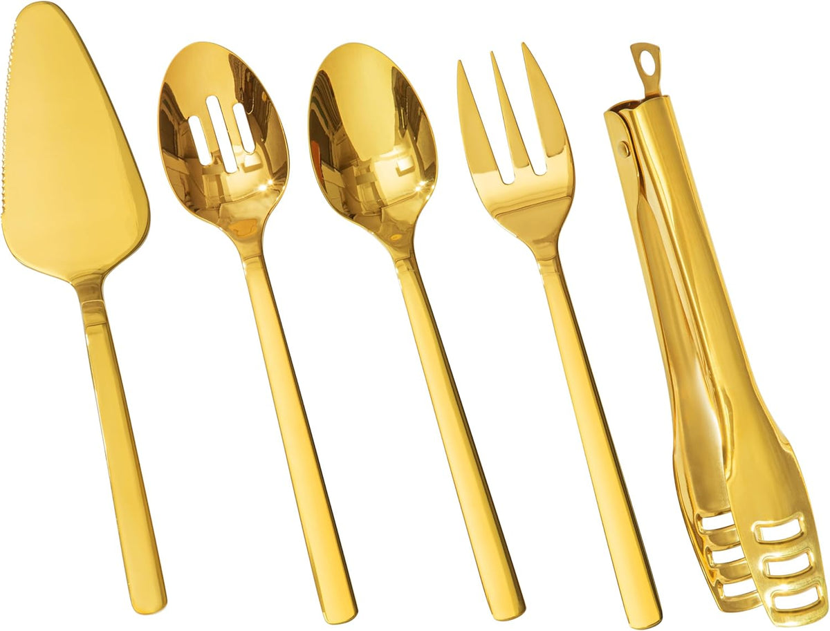 KINGSTONE Large Hostess Serving Utensils Set,18/10 Stainless Steel Heavy Duty 10inch Serving Spoons,Slotted Spoons,Serving Fork,Serving Tongs, Cake Pie Server For Buffet, Wedding, Party, Gold