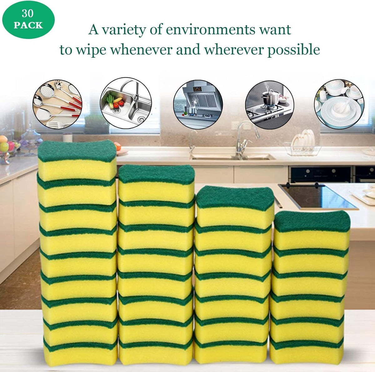 (Pack of 30) Kitchen Sponges Pack,Scrub Daddy sponges,Dish Sponge,Double Face Non-Scratch Scrub Sponge，Super Absorbent Multi-Use Cleaning Sponge,Widely Used in Kitchen, Bathroom, Outdoor