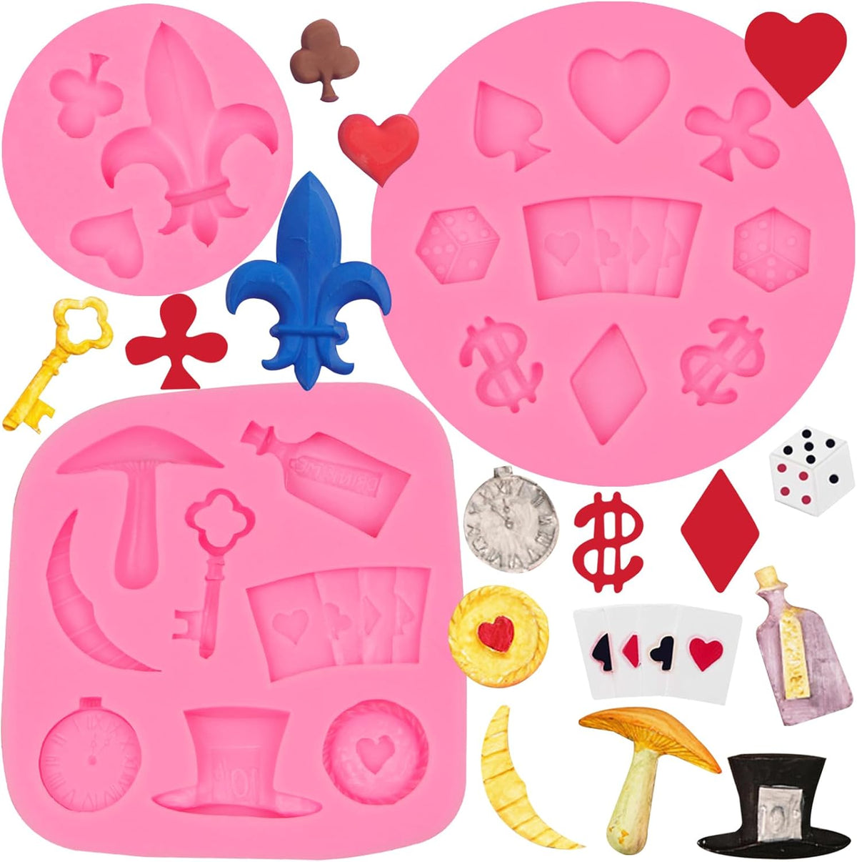 Poker Silicone Molds 3 Pcs, 3D Casino Themed Chocolate Molds Alice Wonderland Hat Fondant Mold for Cake Decoration Candy Cupcake Topper Cake Pop Popsicle Birthday Party Polymer Clay Crafts