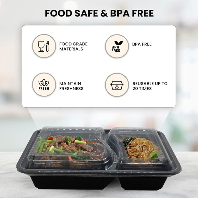 Klex 32 Oz, 150 Sets 2 Compartment Meal Prep Containers with Airtight Lids, BPA Free, Reusable Plastic Food Container, 32 oz, Rectangular, Black/Clear, 150 Sets