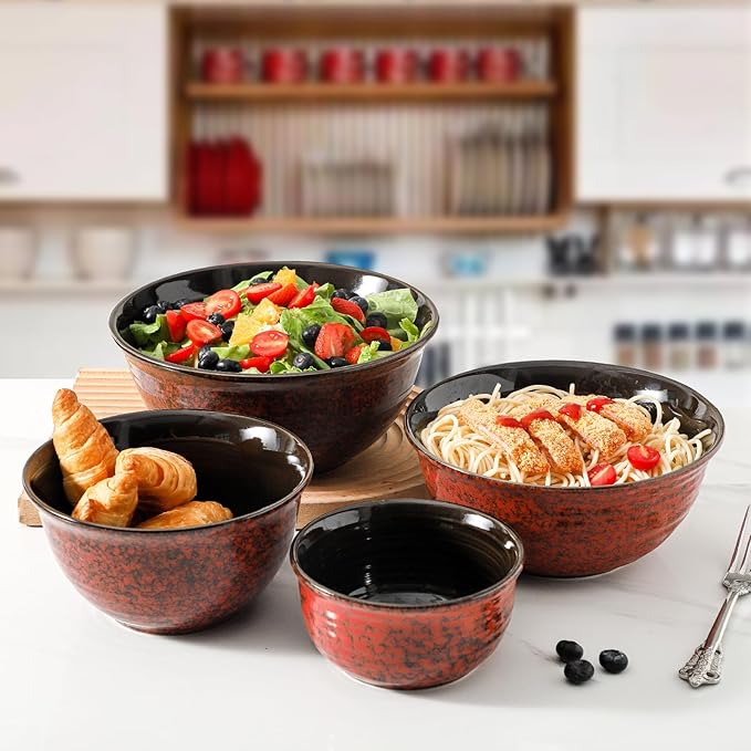 Hasense Mixing Bowls, 2.1/1.5/1.0/0.5 Qt, Nesting Bowls for Cooking, Baking, Ceramic Serving Dishes Set of 4 for Salad, Fruits, Popcorn, Thanksgiving Christmas Gift, Dishwasher & Microwave Safe, Red