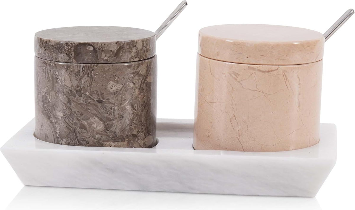 Radicaln Marble Salt Cellar With Lid and Tray 3" Inches Oceanic and Verona Handmade Salt Bowl Set of 2 For Kitchen Storage, Ideal Spice Jar