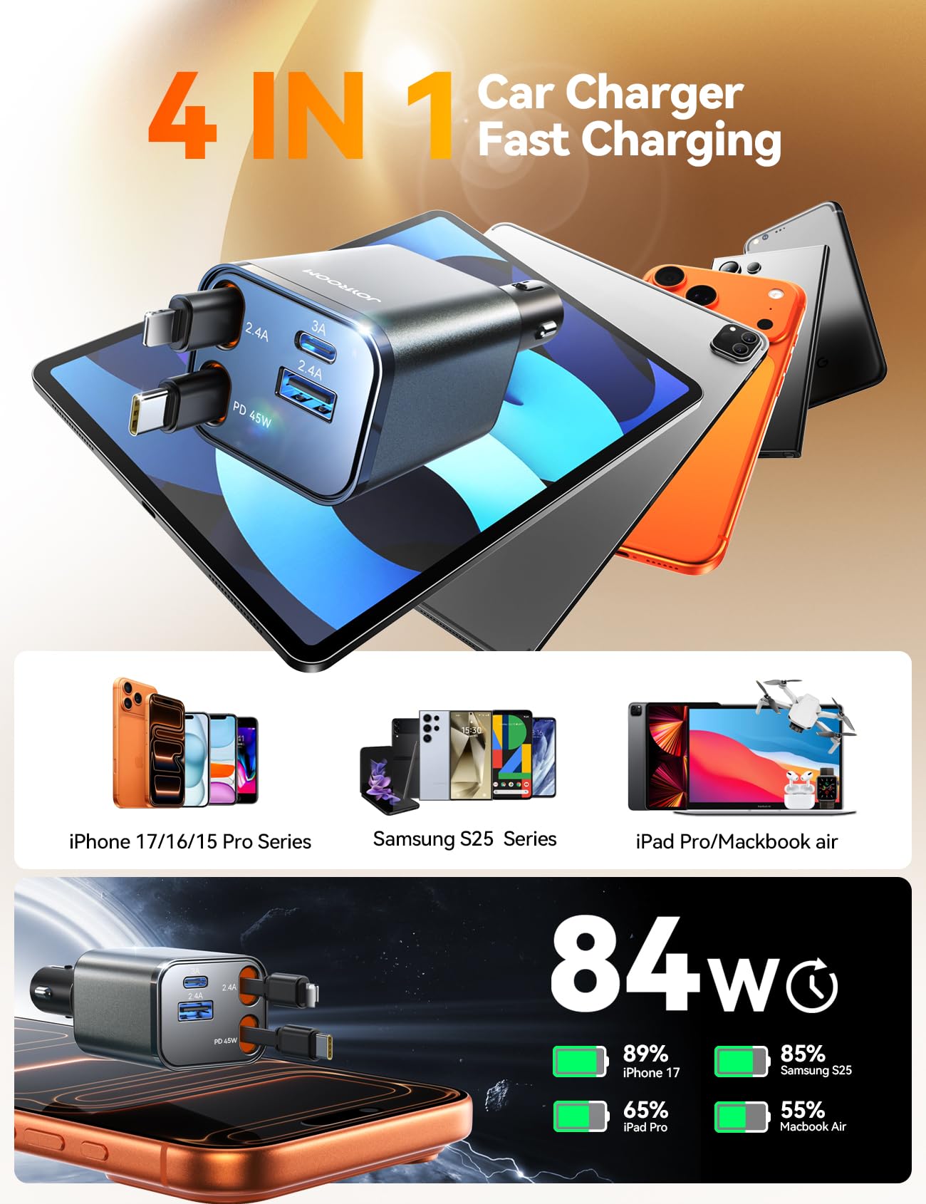 JOYROOM Retractable Car Charger 84W Car Charger USB C Fast Charge 4 in 1