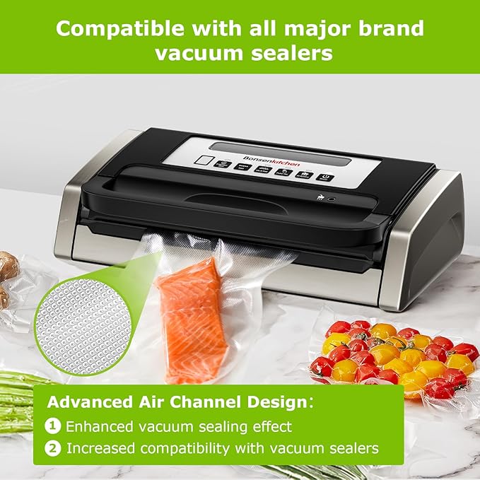[2025 Upgraded] Bonsenkitchen 3 Rolls 11" x 16' + 3 Rolls 8" x 16' Vacuum Sealer Bags for Food with a Color Box, Easy to Store, Commercial Grade, BPA Free, Great for Food Storage or Sous Vide, VB22