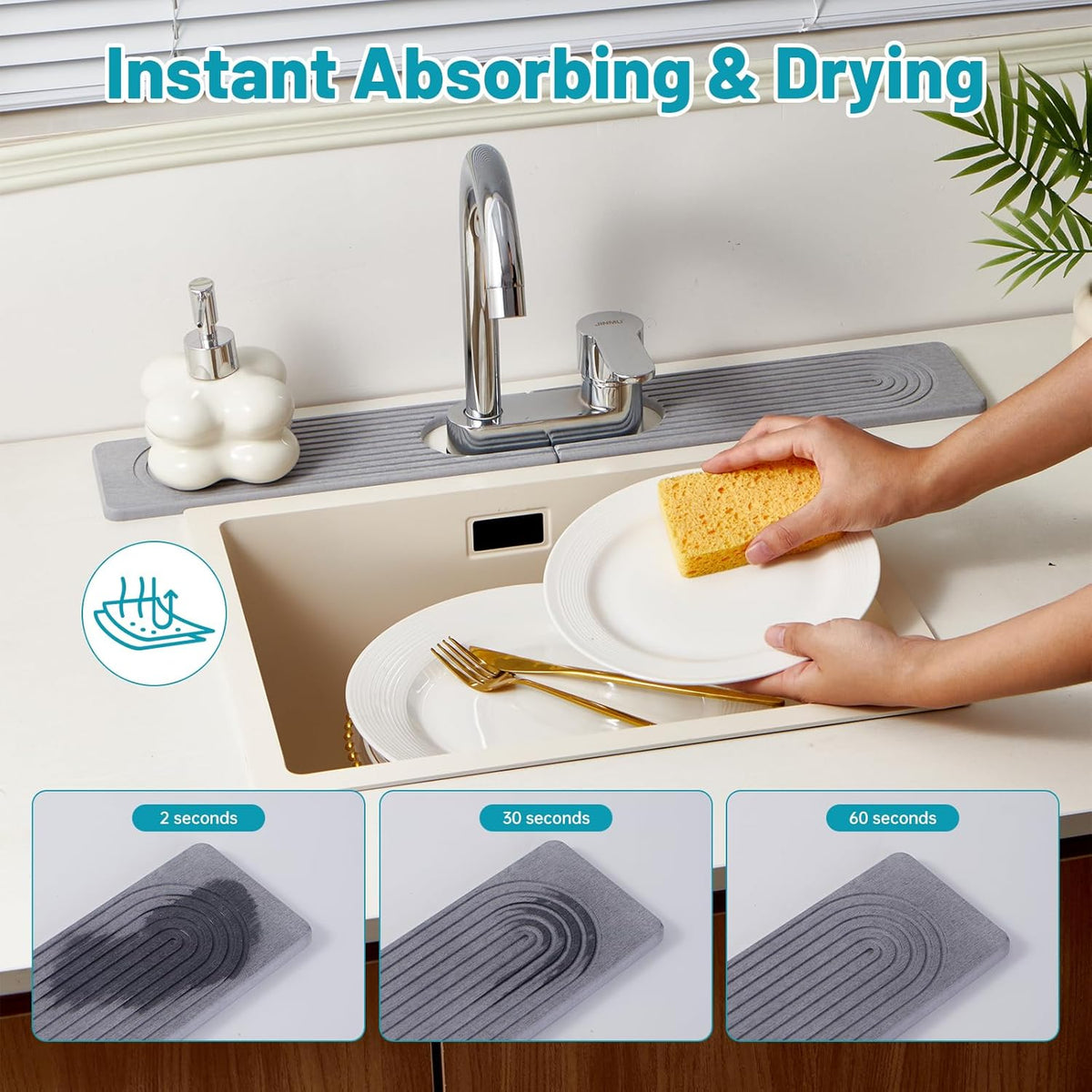 Stone Faucet Mat for Kitchen Sink with Oval Hole – 23.6" × 3.9" Diatomite Drying Stone Mat & Sink Protector, Quick-Dry Splash Guard Water-Absorbing Tray for Bathroom Counter（Gray.23.6" x 3.9"